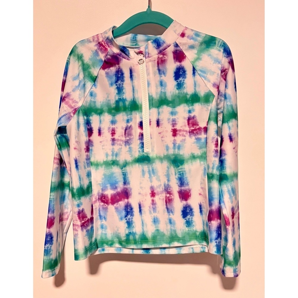 DSG Girls XS 6-7 Long Sleeve Rash Guard Tie Dye Multi Zip Swim Top 50+ UV